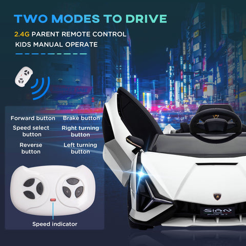 White and black lamborghini sian kids electric ride on car with sleek design and glowing tail lights for ages 3 to 5