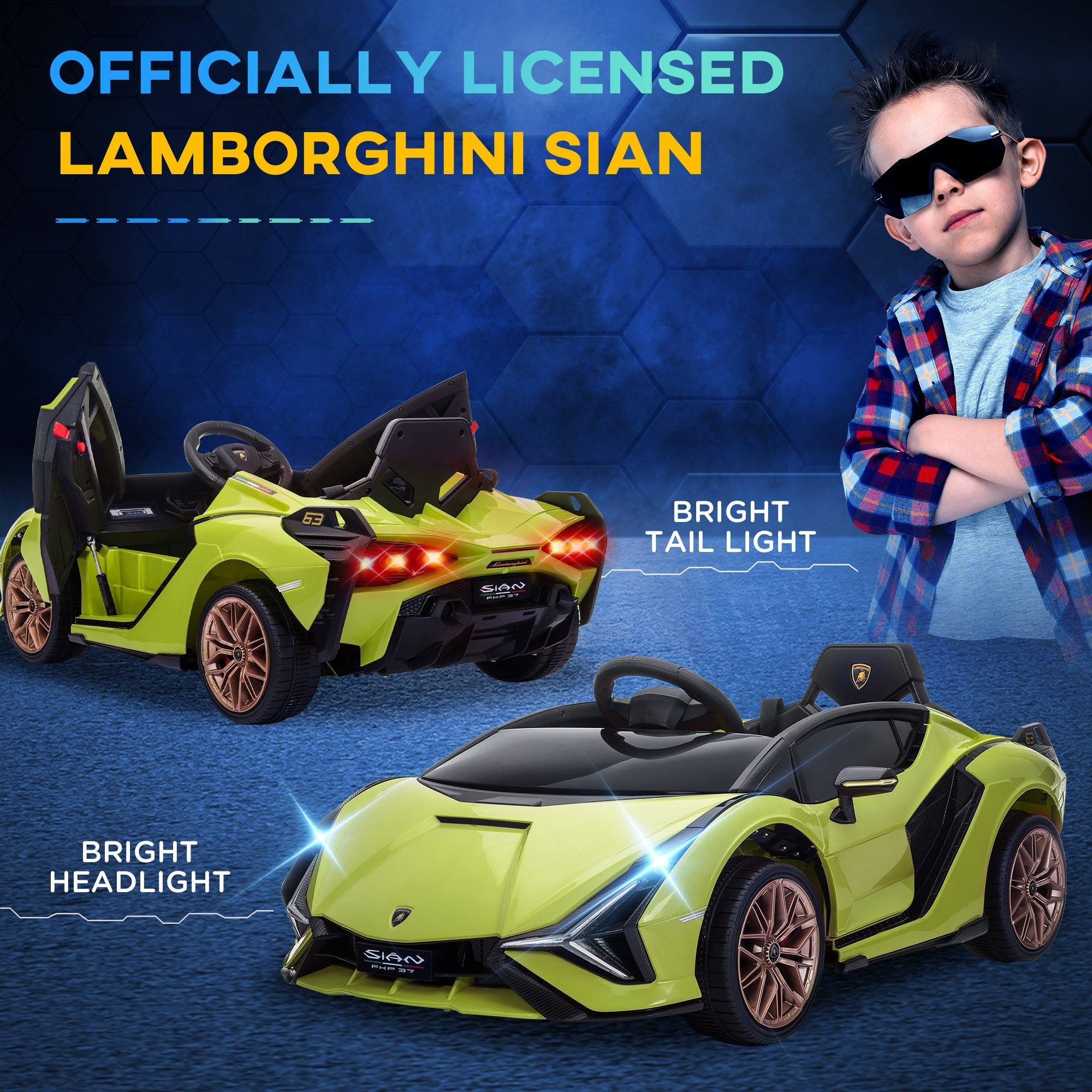 Vibrant lime green lamborghini sian kids electric ride on car with copper rims and tail lights perfect for ages 3 to 5