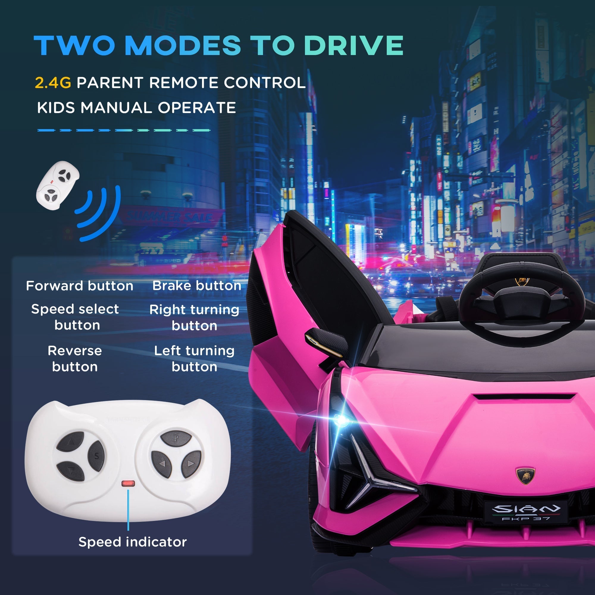 Pink and black lamborghini sian kids electric ride on car with tail lights remote control and music features