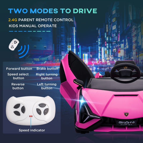 Pink and black lamborghini sian kids electric ride on car with tail lights remote control and music features