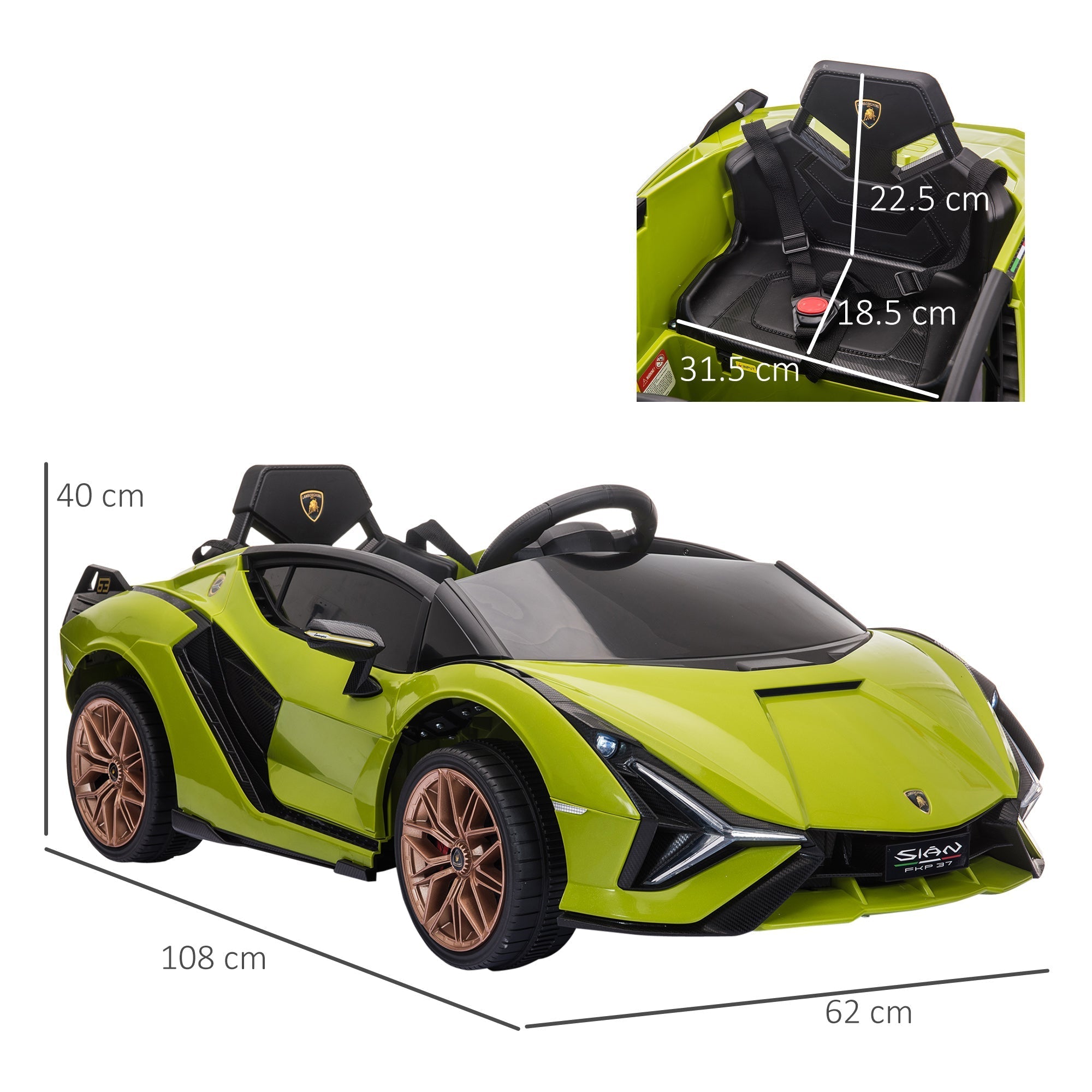 Vibrant lime green and black lamborghini sian kids electric ride on car with copper wheels and bright tail lights