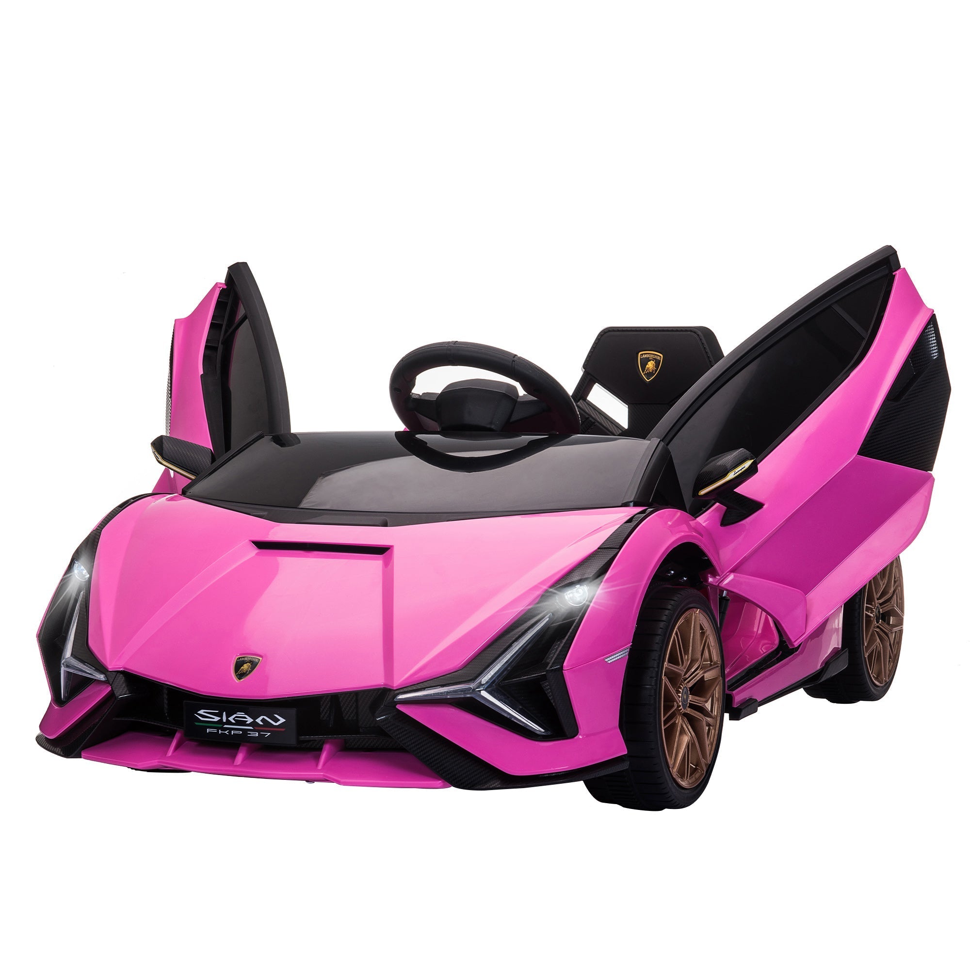 Pink and black lamborghini sian kids electric ride on car with gold wheels and tail lights for ages 3 to 5 years