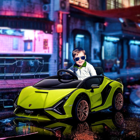 Vibrant lime green and black lamborghini sian kids electric ride on car with metallic bronze wheels and tail lights