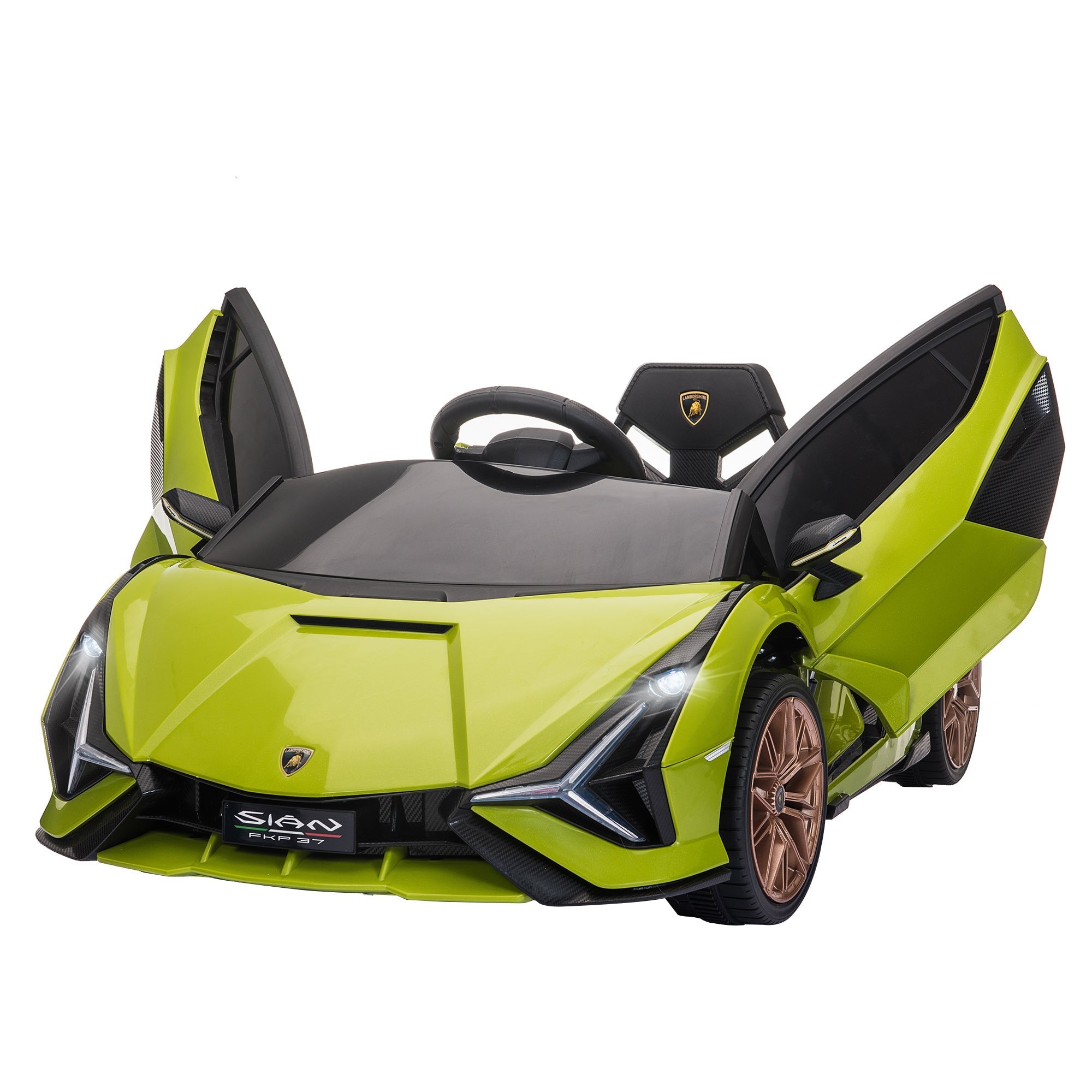 Vibrant lime green lamborghini sian kids electric ride on car with sleek design metallic bronze wheels and tail lights