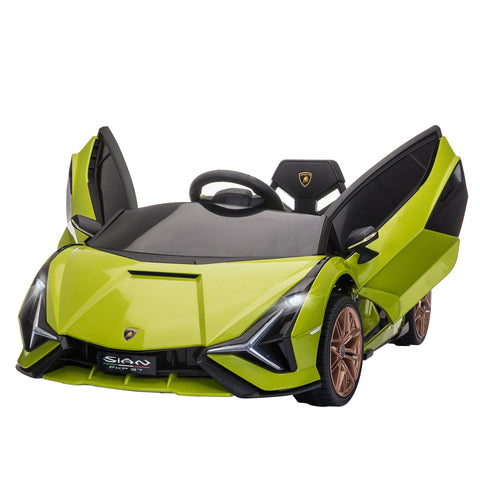 Vibrant lime green lamborghini sian kids electric ride on car with sleek design metallic bronze wheels and tail lights