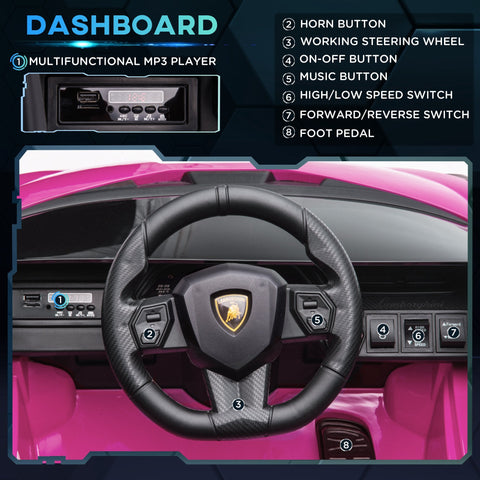 Pink lamborghini sian kids electric ride on car dashboard with black carbon fiber steering wheel and tail lights emblem