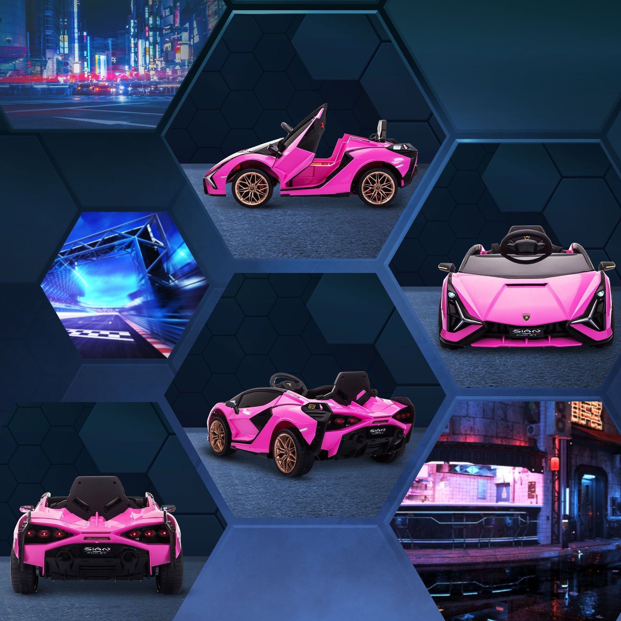 Vibrant pink kids electric lamborghini sian ride on car with gold wheels black accents and tail lights for ages 3-5