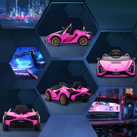 Vibrant pink kids electric lamborghini sian ride on car with gold wheels black accents and tail lights for ages 3-5