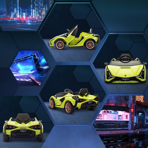 Vibrant lime green kids electric lamborghini sian toy car with black accents rose gold wheels and tail lights