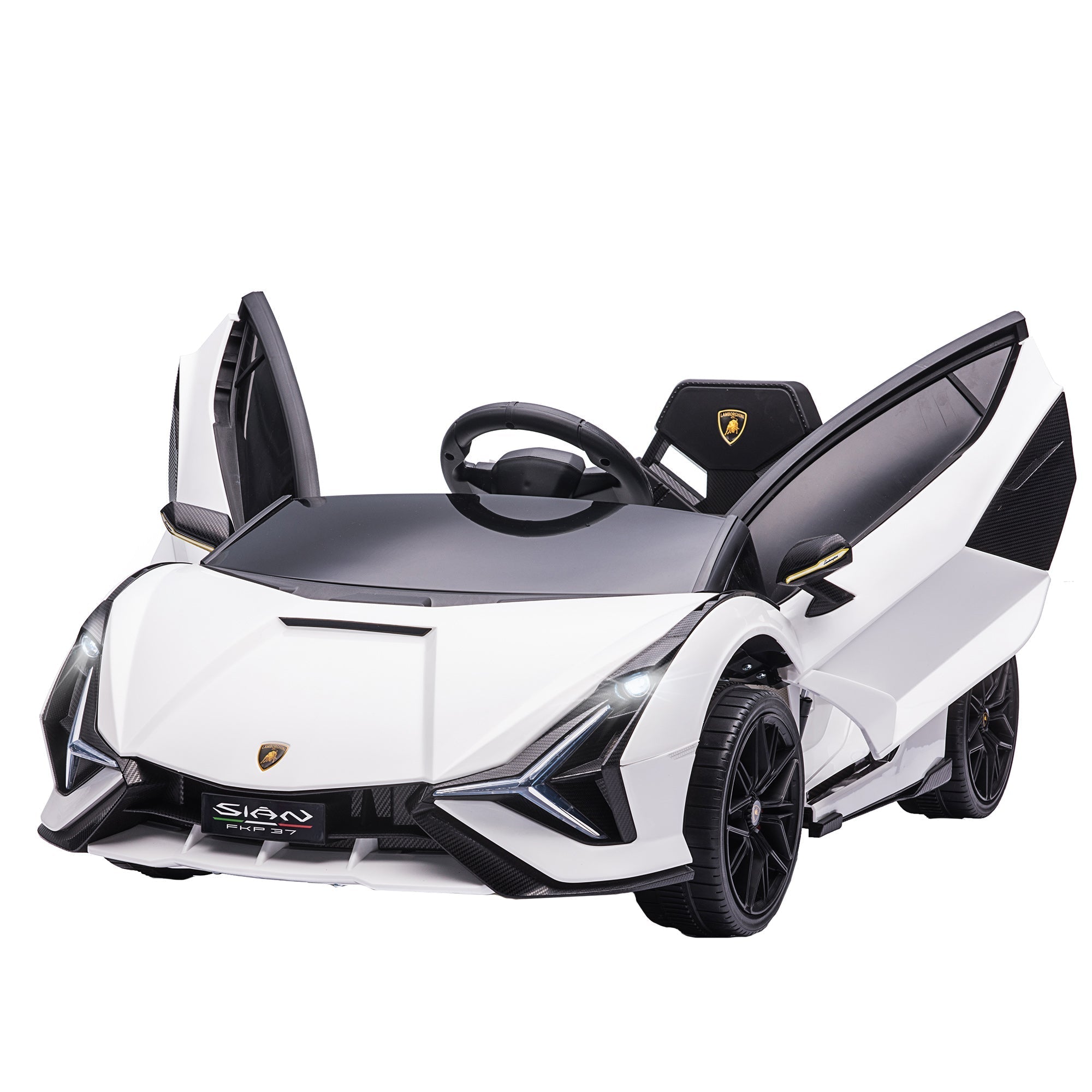White and black lamborghini sian kids electric ride on car with carbon fiber accents gold emblem and tail lights