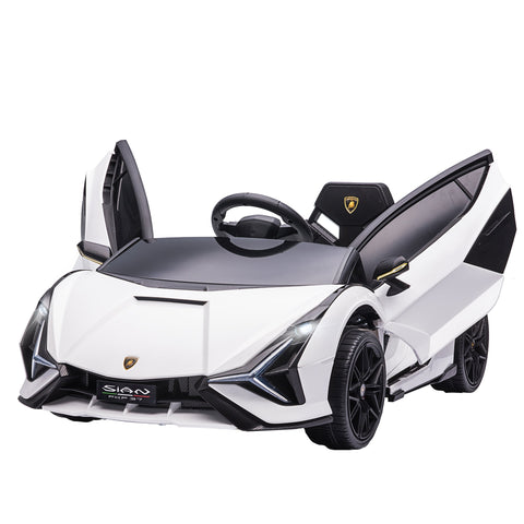 White and black lamborghini sian kids electric ride on car with carbon fiber accents gold emblem and tail lights