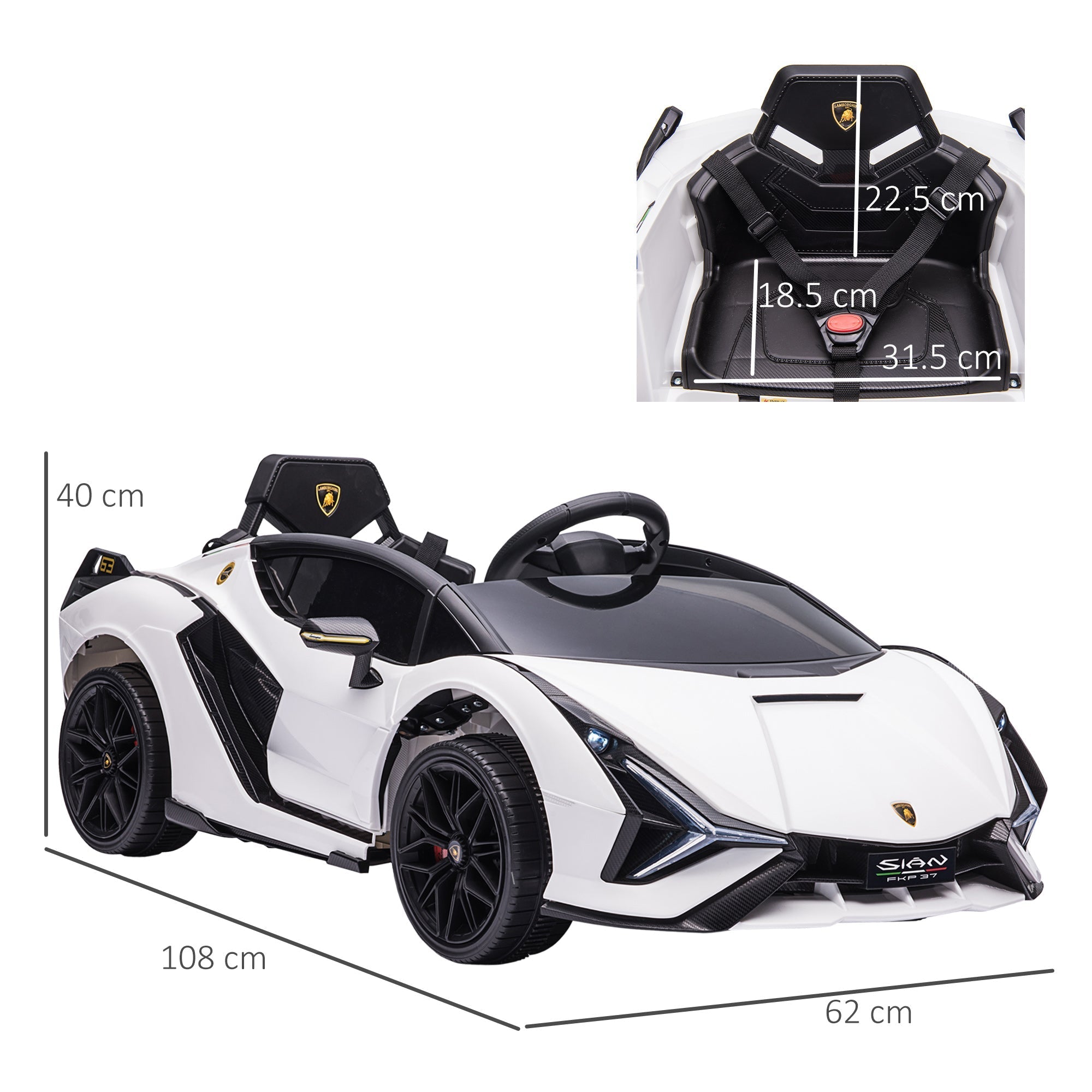 White and black kids electric lamborghini sian toy car with glossy finish carbon fiber accents and tail lights