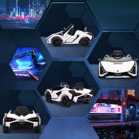 White kids electric lamborghini sian toy car with black accents red brake calipers and tail lights for ages 3-5 years