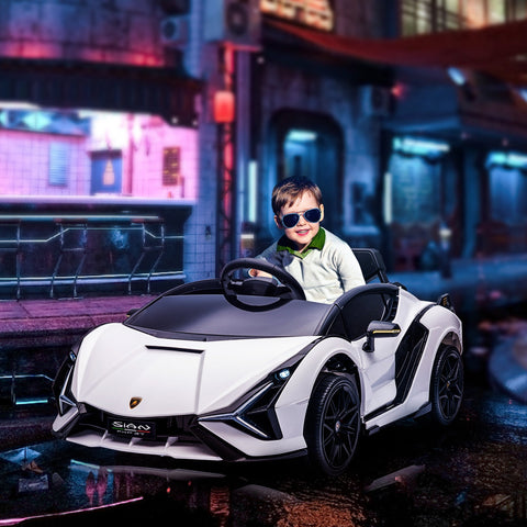 White and black kids electric lamborghini sian ride on car showing tail lights with remote control and music features