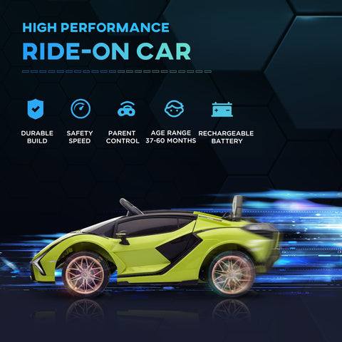Vibrant lime green and black lamborghini sian kids electric ride on car with tail lights and remote control for ages 3-5