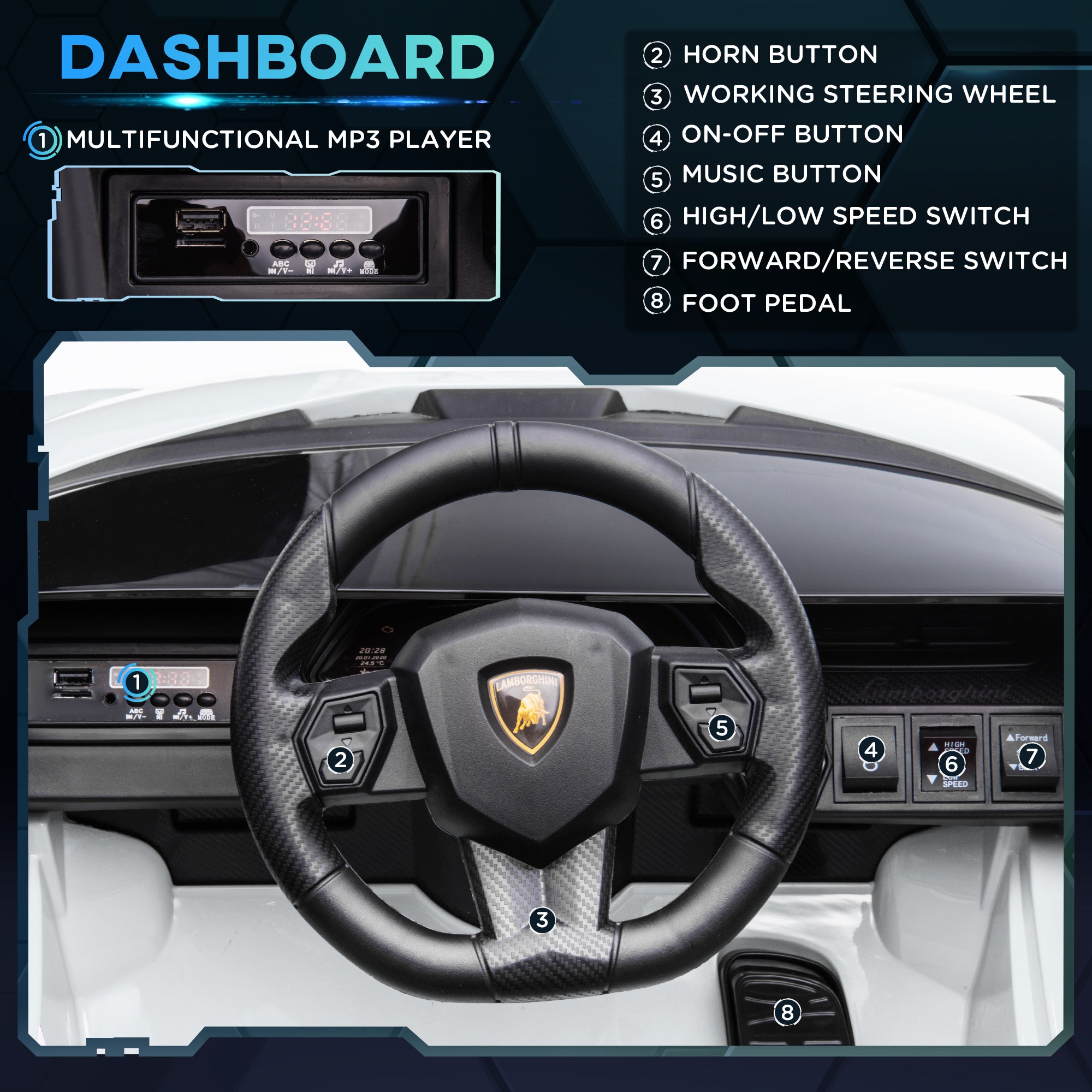 Black carbon fiber steering wheel with gold lamborghini sian logo on kids electric white ride on car with tail lights