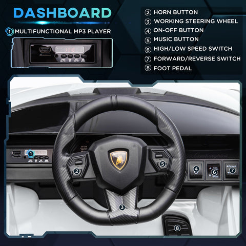 Black carbon fiber steering wheel with gold lamborghini sian logo on kids electric white ride on car with tail lights