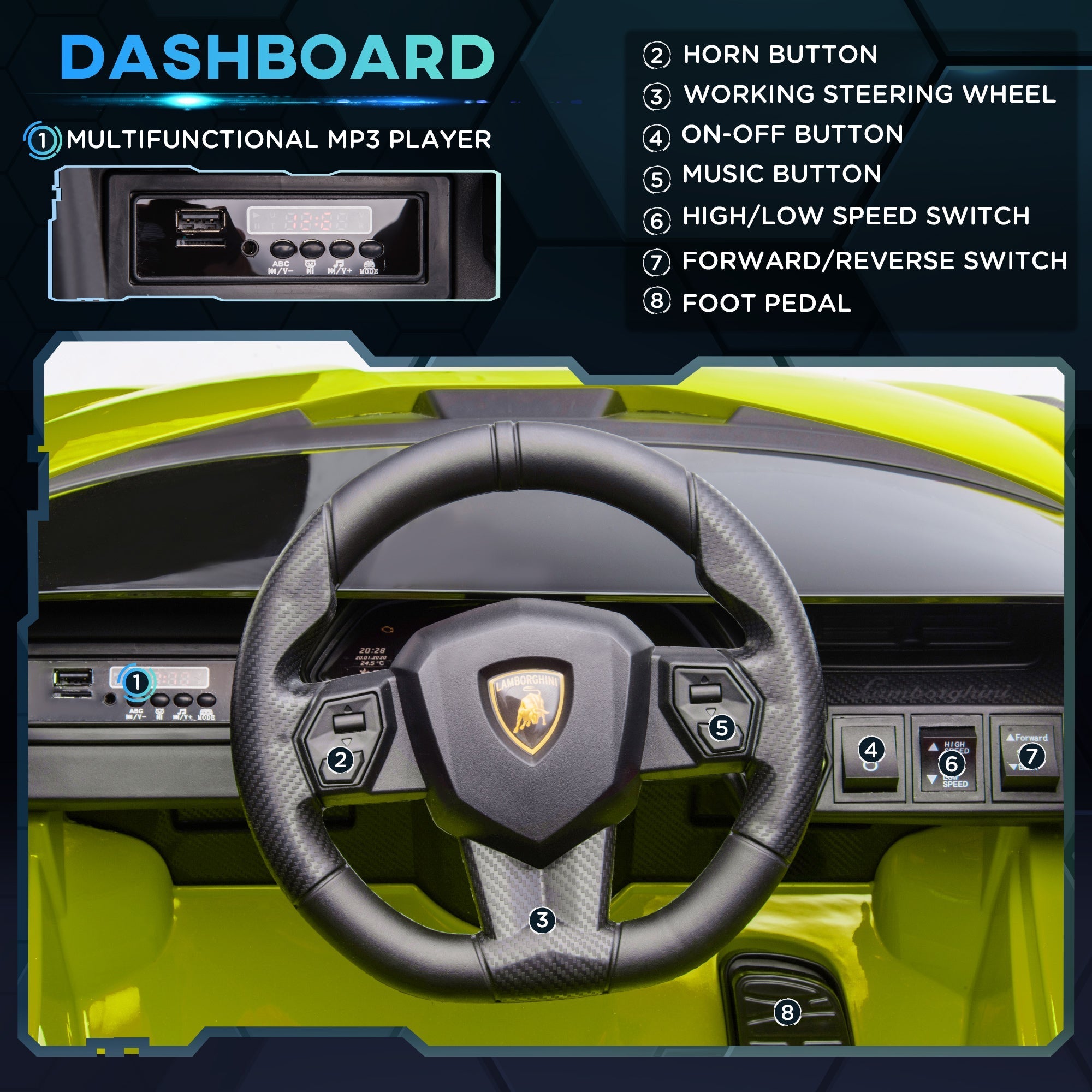 Black carbon fiber textured steering wheel with lamborghini sian logo in green kids electric ride on car with tail lights
