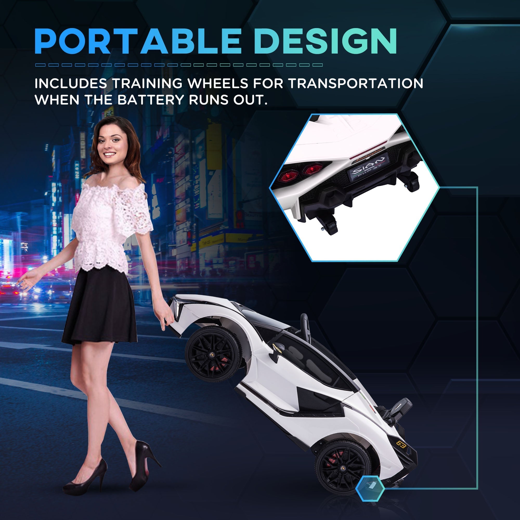 White and black lamborghini sian kids electric ride on car with sleek design tail lights and remote control features