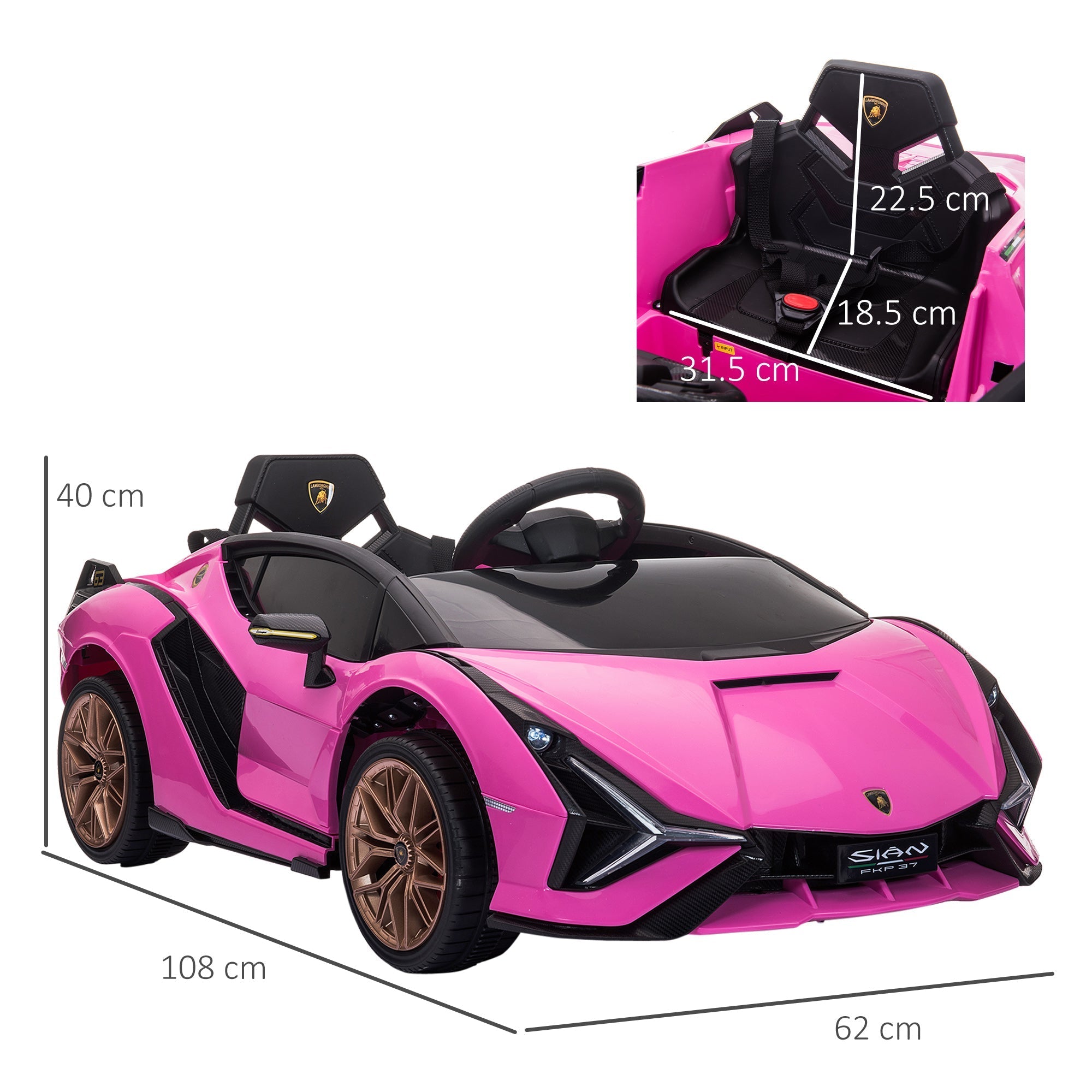 Vibrant pink kids electric lamborghini sian ride on car with black accents bronze wheels and bright tail lights
