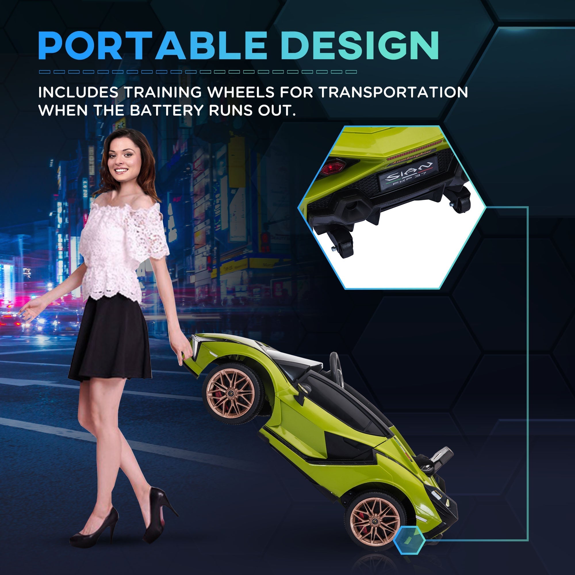 Vibrant lime green lamborghini sian kids electric ride on car with black accents gold rims and tail lights visible