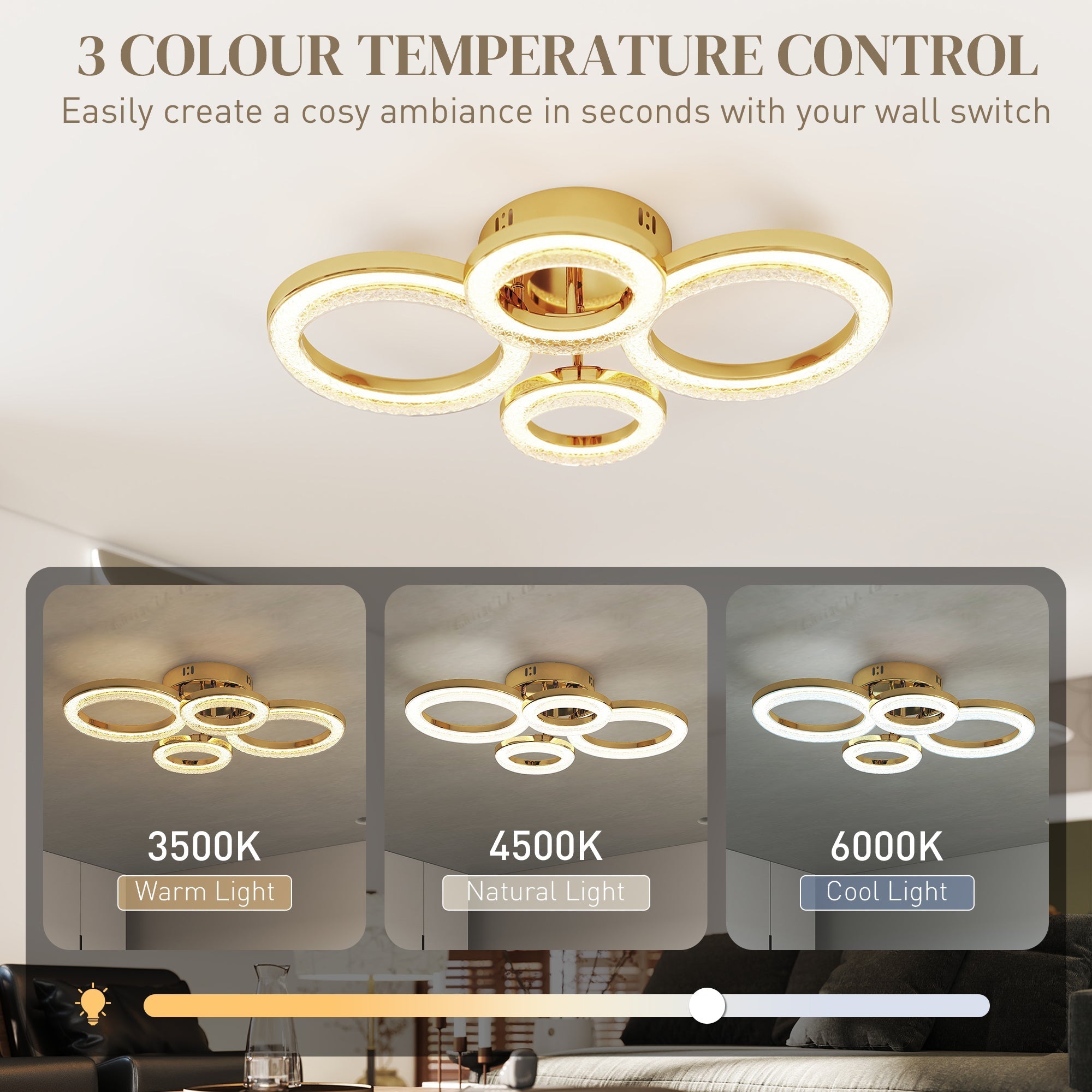 Gold tone homcom led ceiling light with four interlocking rings dimmable with wall switch for living room use