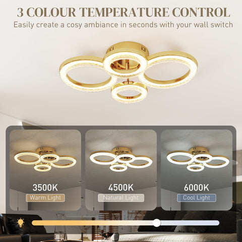Gold tone homcom led ceiling light with four interlocking rings dimmable with wall switch for living room use