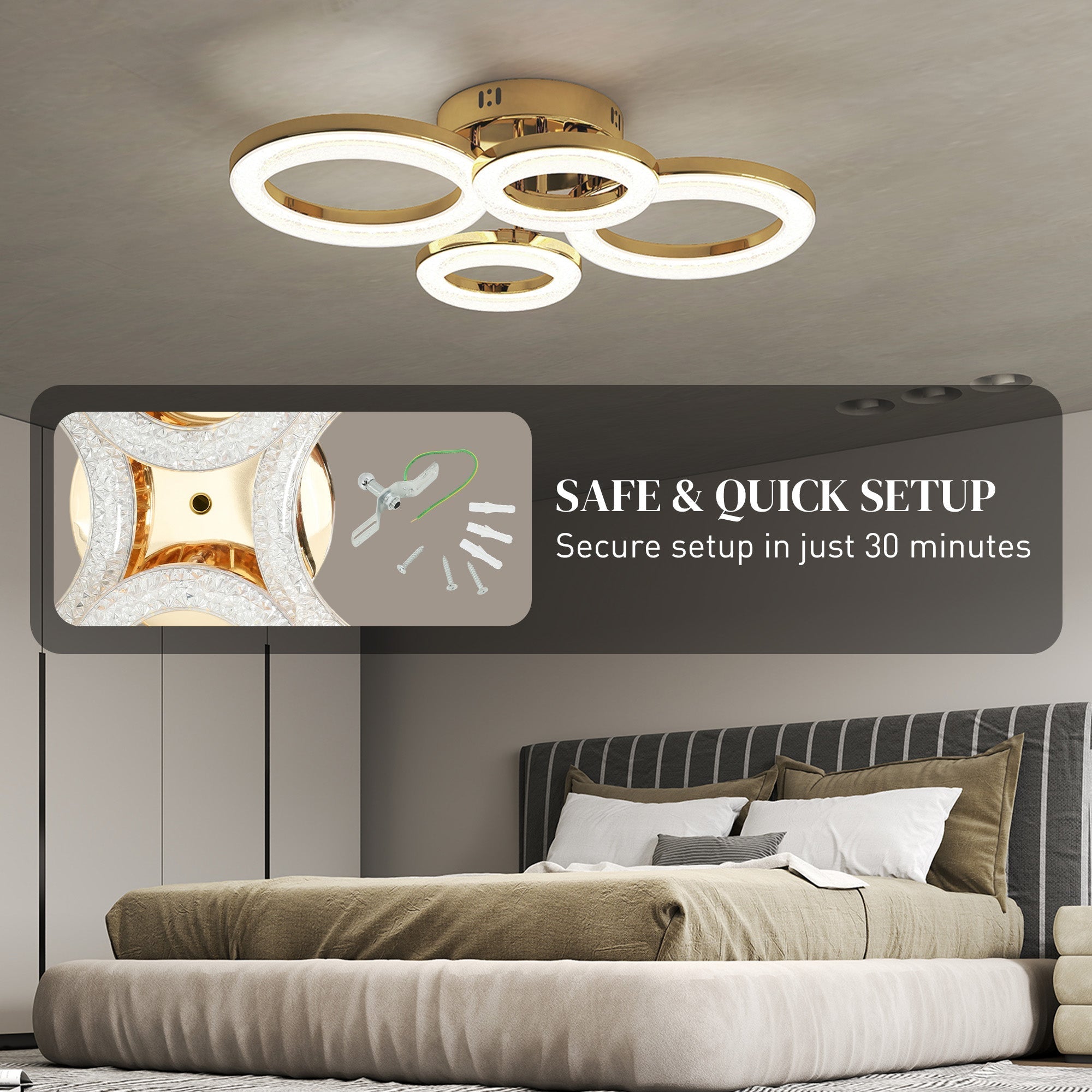 Gold-finished homcom led ceiling light with four illuminated rings and wall switch dimmable for living room lighting