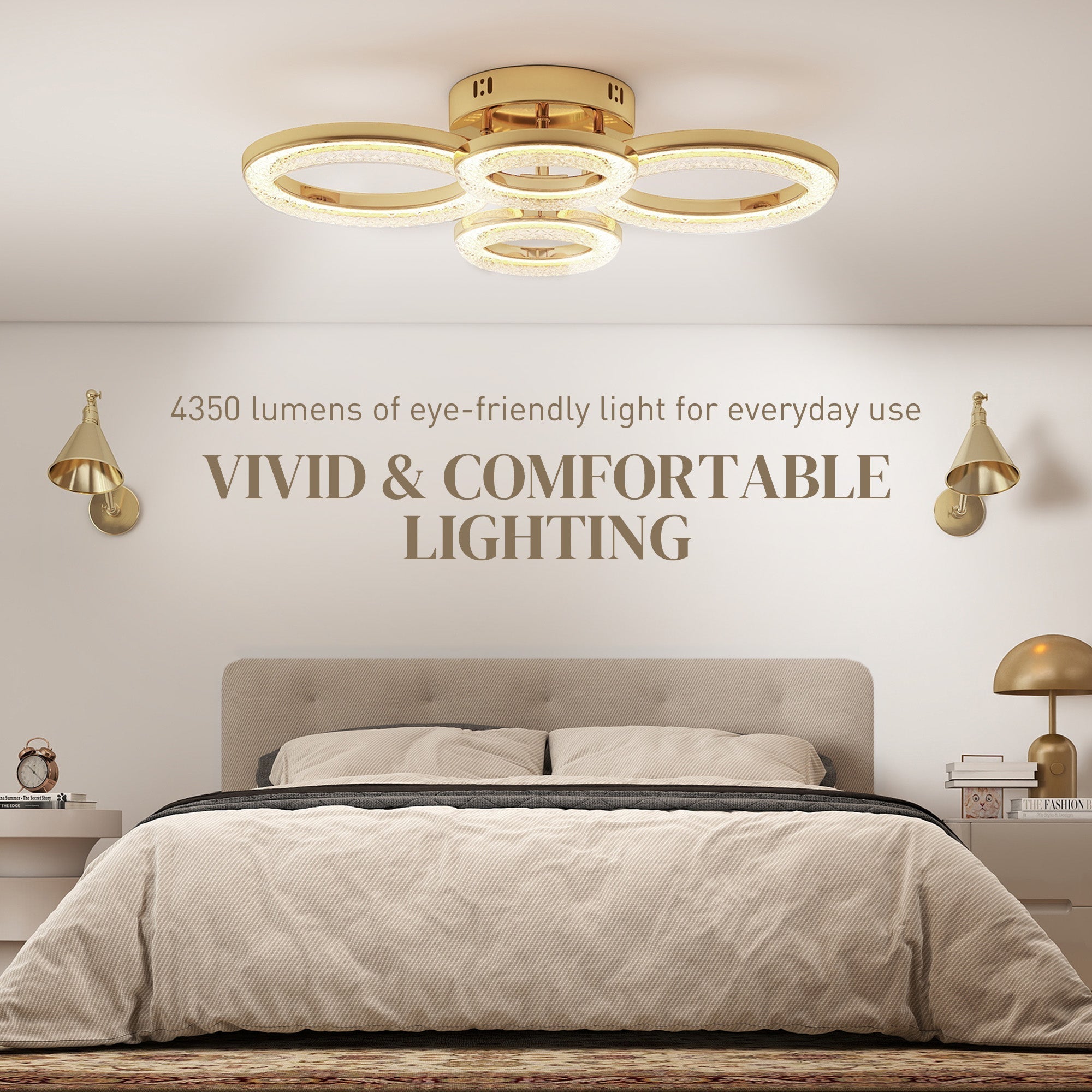 Gold tone homcom led ceiling light with four modern dimmable rings and wall switch for living room or bedroom