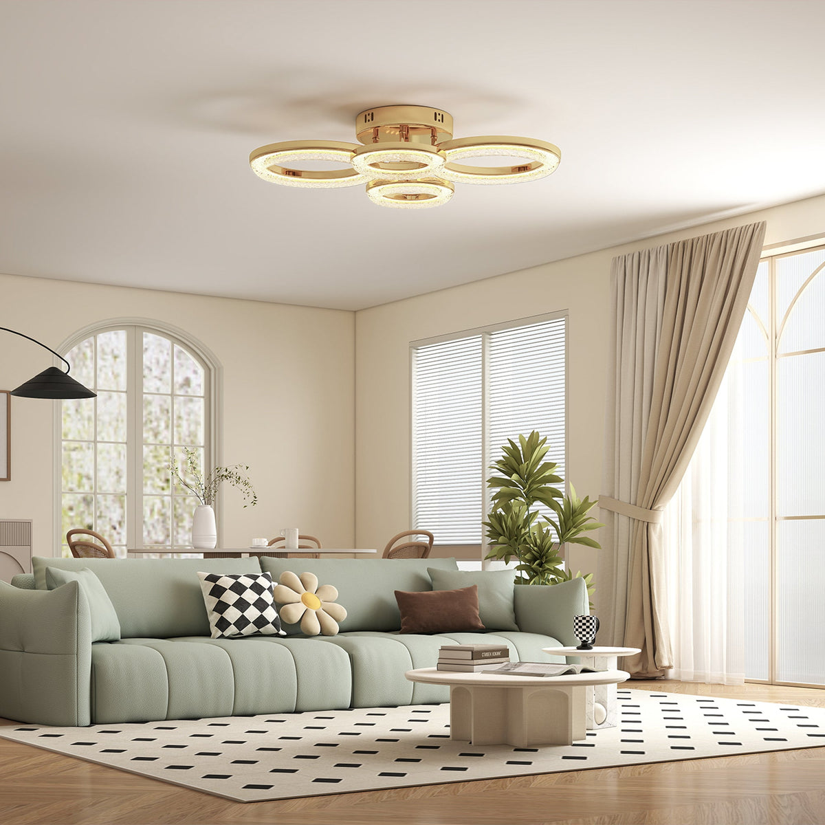 Gold-toned homcom led ceiling light with four dimmable concentric rings and wall switch for living room use