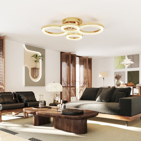 Gold-toned homcom led ceiling light with four interlocking rings dimmable with wall switch for living room use