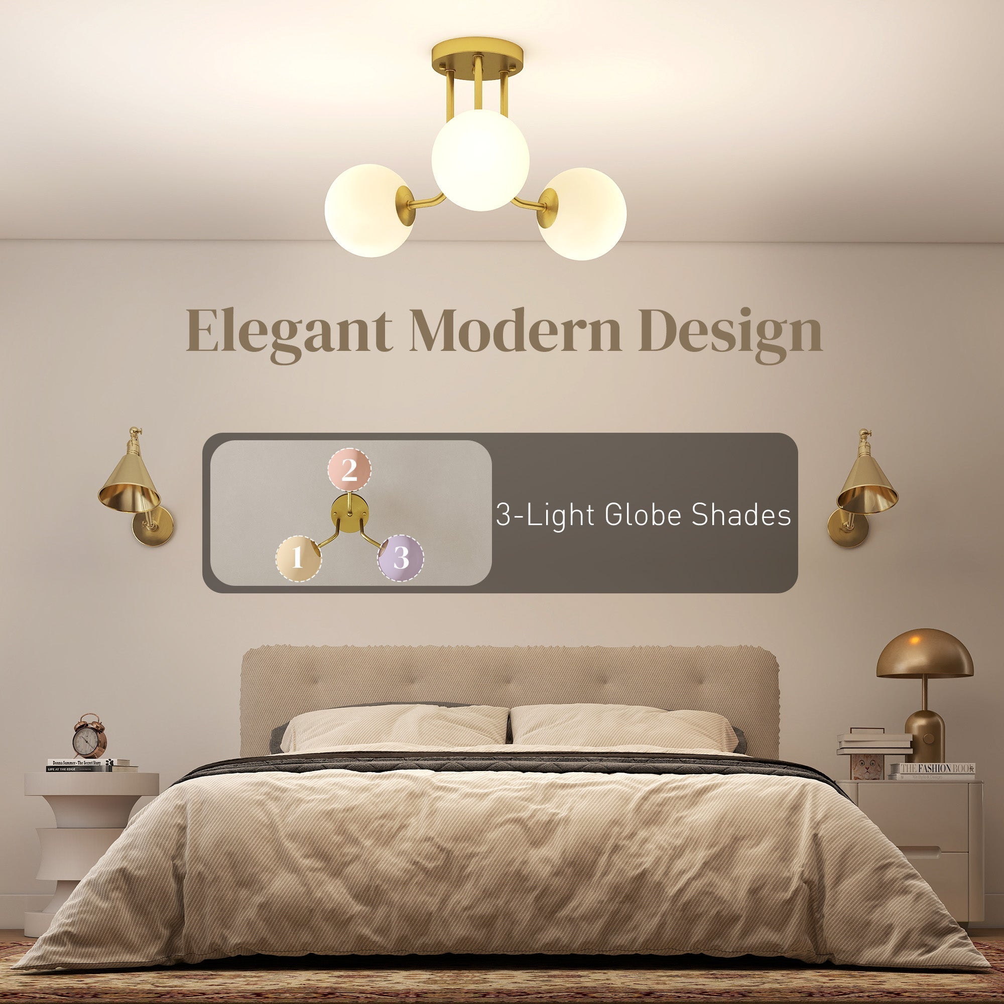 Gold finish led ceiling light with three spherical globe shades modern design for living room or bedroom