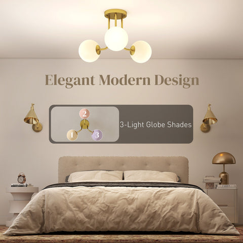 Gold finish led ceiling light with three spherical globe shades modern design for living room or bedroom