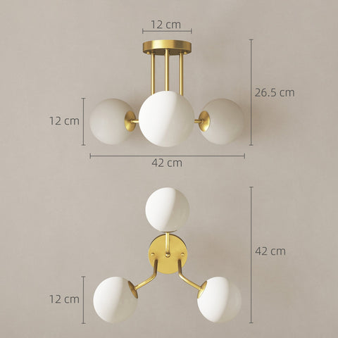 Modern gold finished led ceiling light with three matte white globe shades for living room and bedroom use