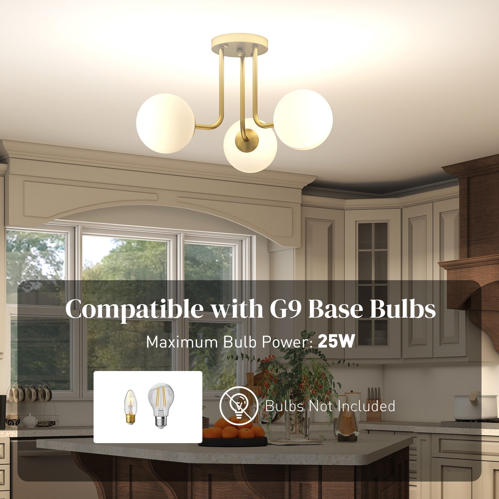 Modern brass-finished led ceiling light with three frosted glass globe shades for living room or bedroom use