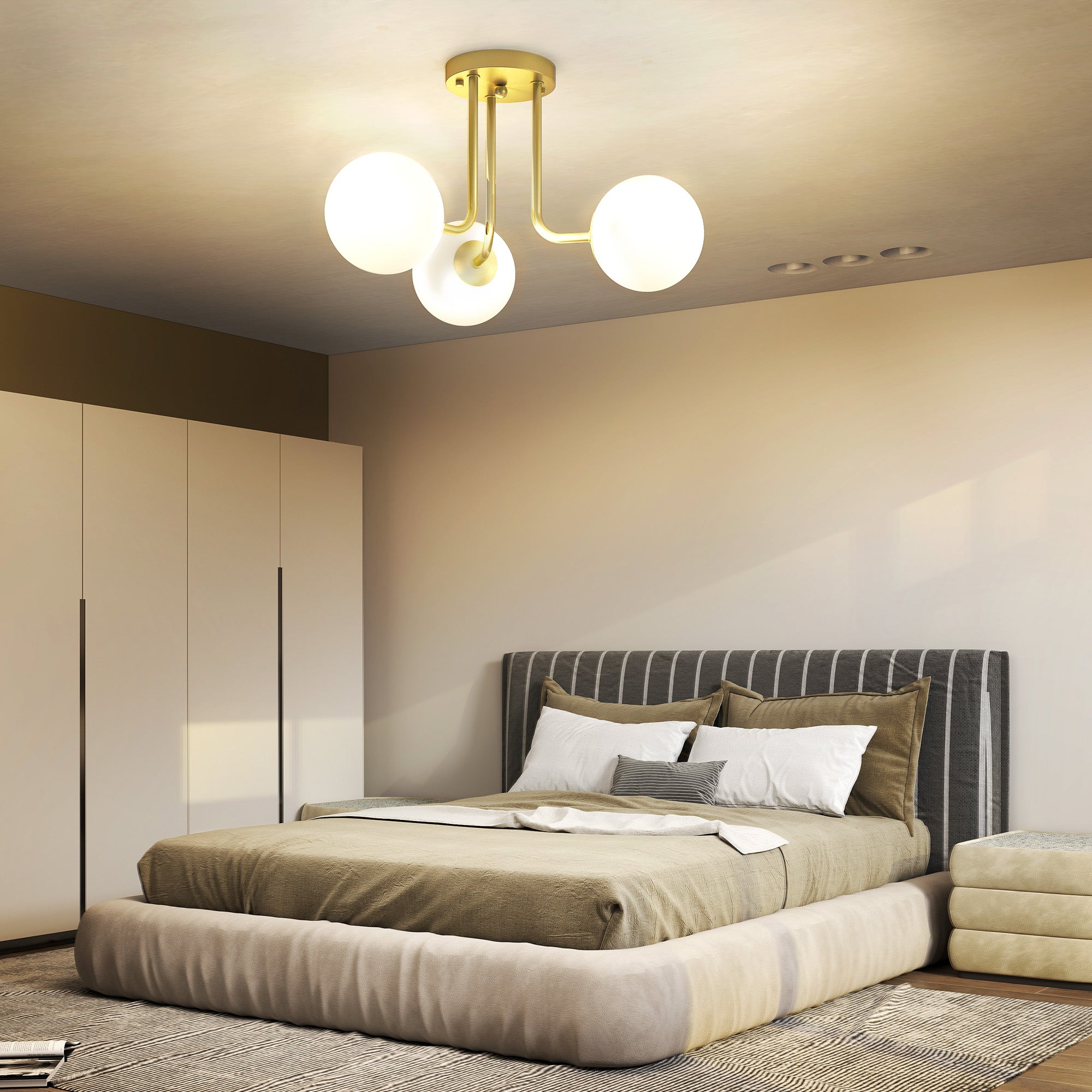 Gold-toned homcom led ceiling light with three white globe shades for living room bedroom and dining room use