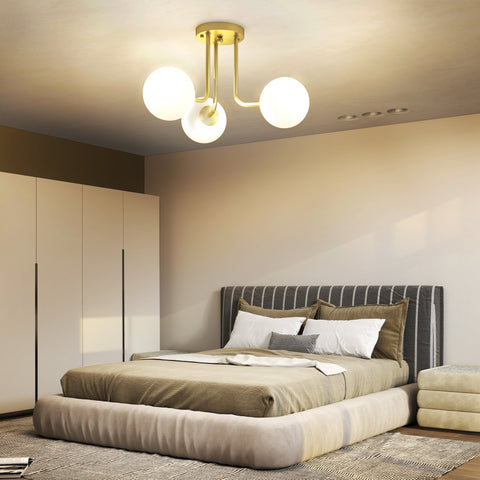 Gold-toned homcom led ceiling light with three white globe shades for living room bedroom and dining room use