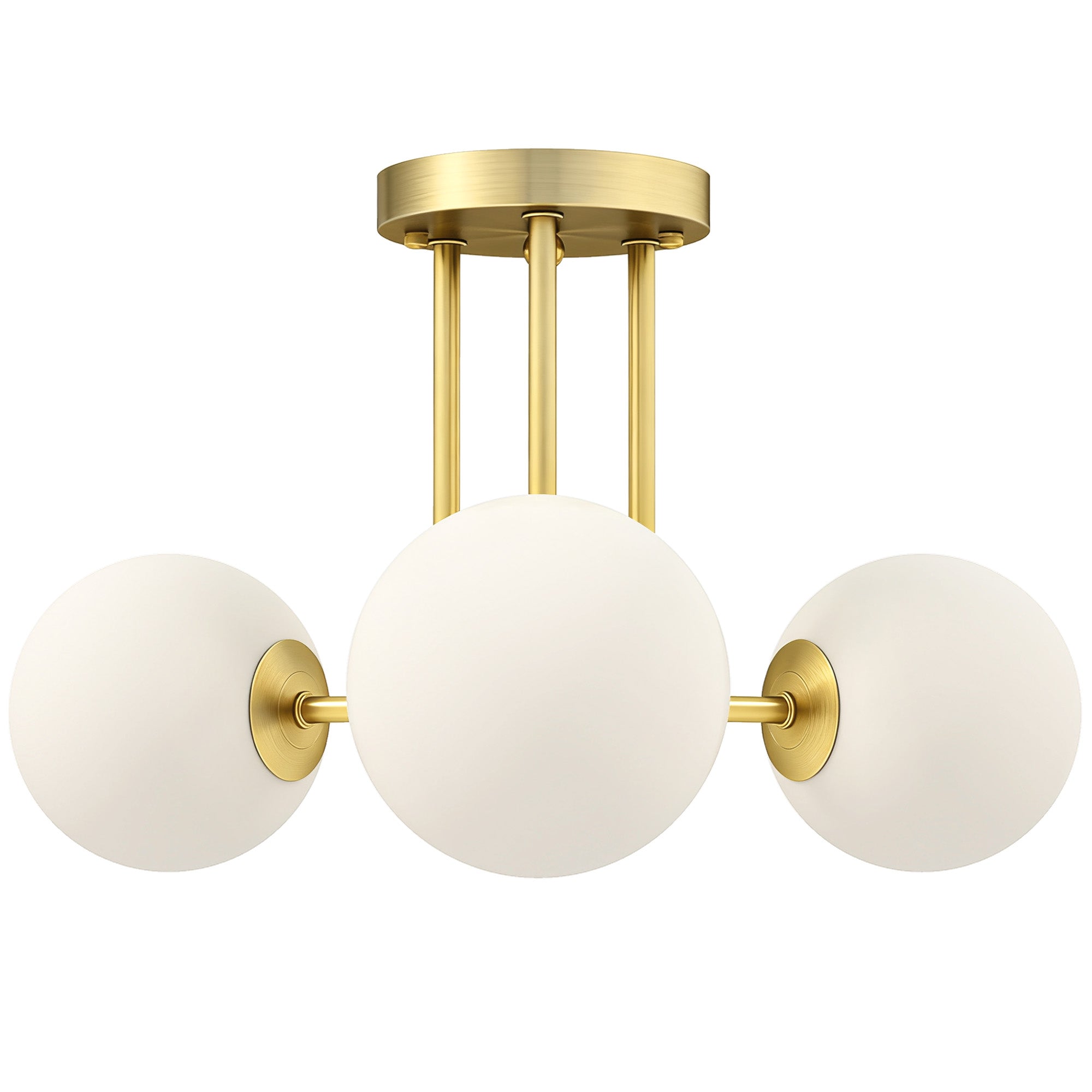 Gold-toned led ceiling light with three frosted white globe shades for modern living rooms and bedrooms