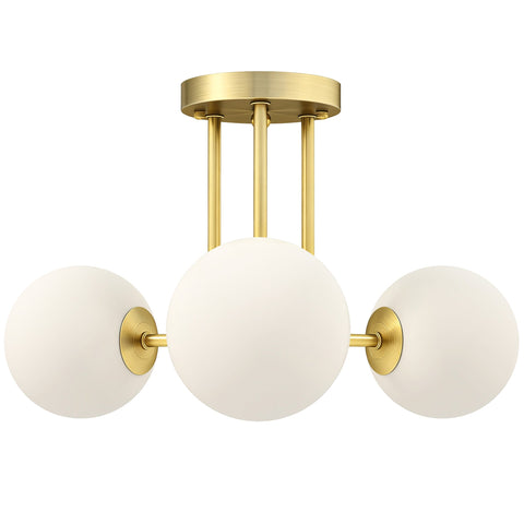 Gold-toned led ceiling light with three frosted white globe shades for modern living rooms and bedrooms