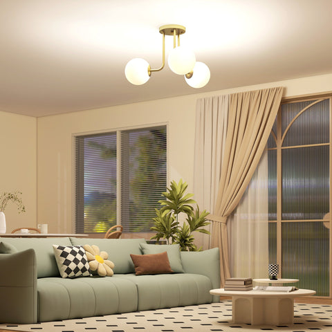 Gold tone led ceiling light with three frosted globe shades modern 3-light fixture for living room bedroom dining room