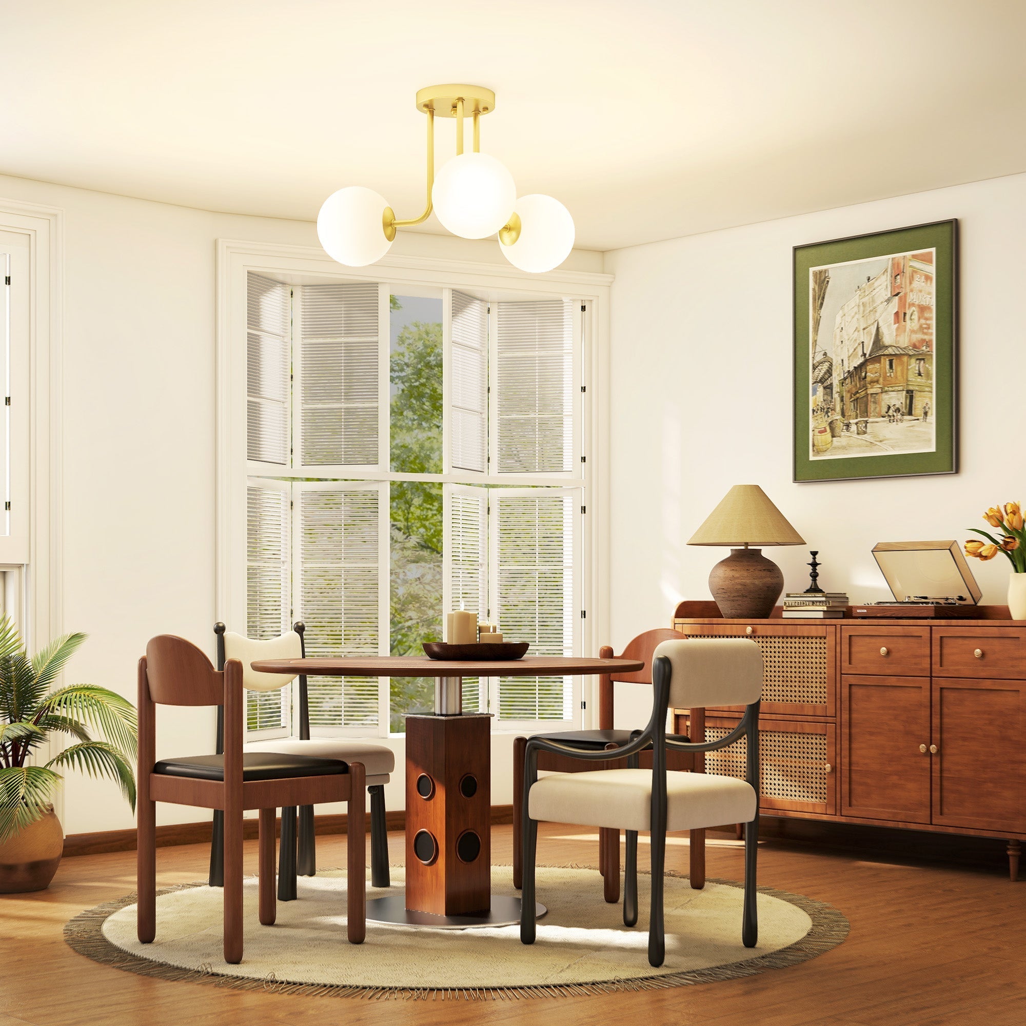 Gold-toned led ceiling light with globe shades featuring three frosted glass globes for living room or bedroom use