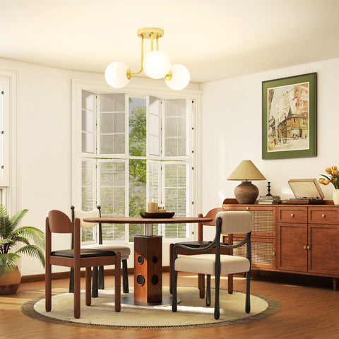 Gold-toned led ceiling light with globe shades featuring three frosted glass globes for living room or bedroom use