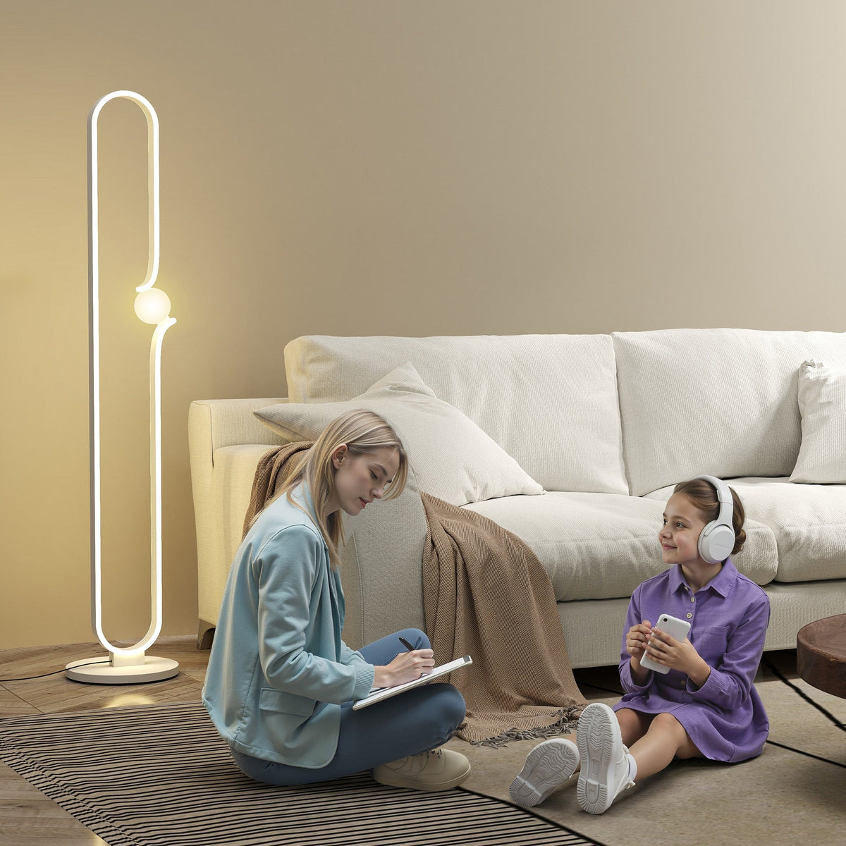 Modern white led floor lamp with sleek curved design and glowing led strip featuring foot switch and night light function