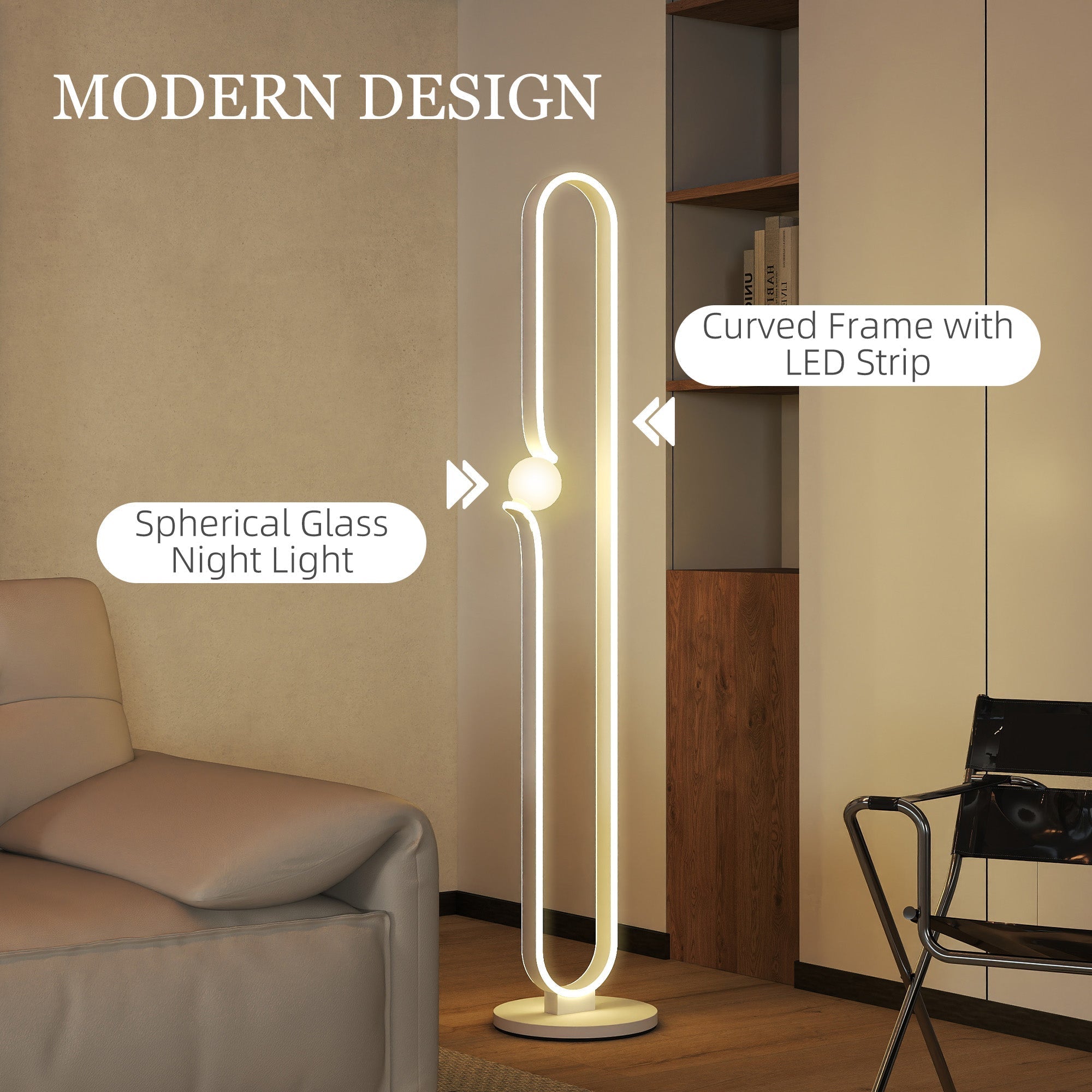 Modern curved white led floor lamp with glass spherical night light and foot switch featuring led strip frame illumination