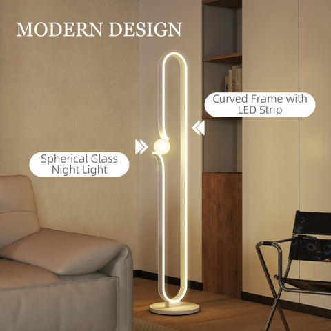 Modern curved white led floor lamp with glass spherical night light and foot switch featuring led strip frame illumination