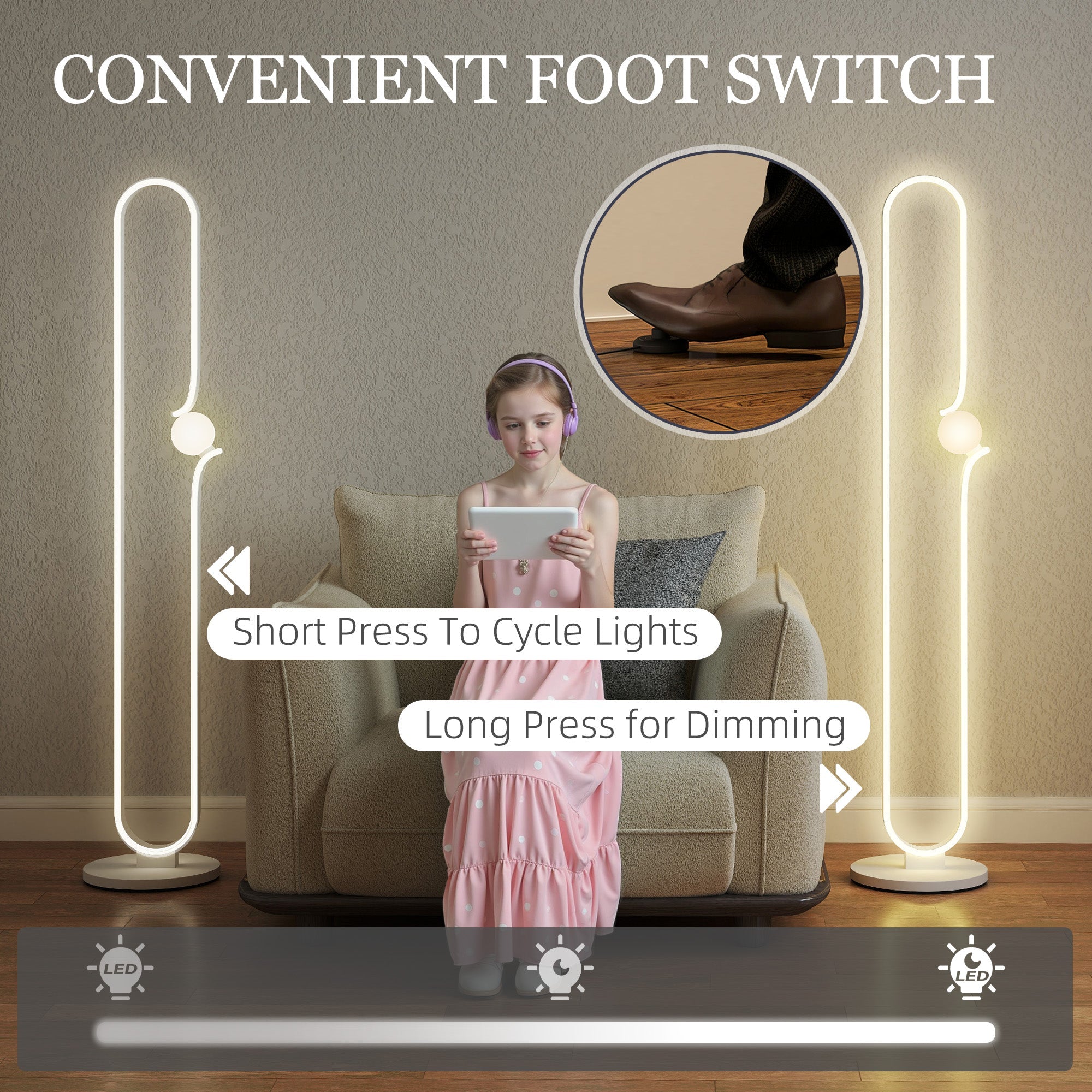 White homcom led floor lamp with curved design, circular base, dimmable led strip, night light, and foot switch for living room