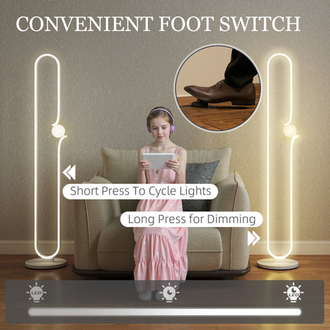 White homcom led floor lamp with curved design, circular base, dimmable led strip, night light, and foot switch for living room