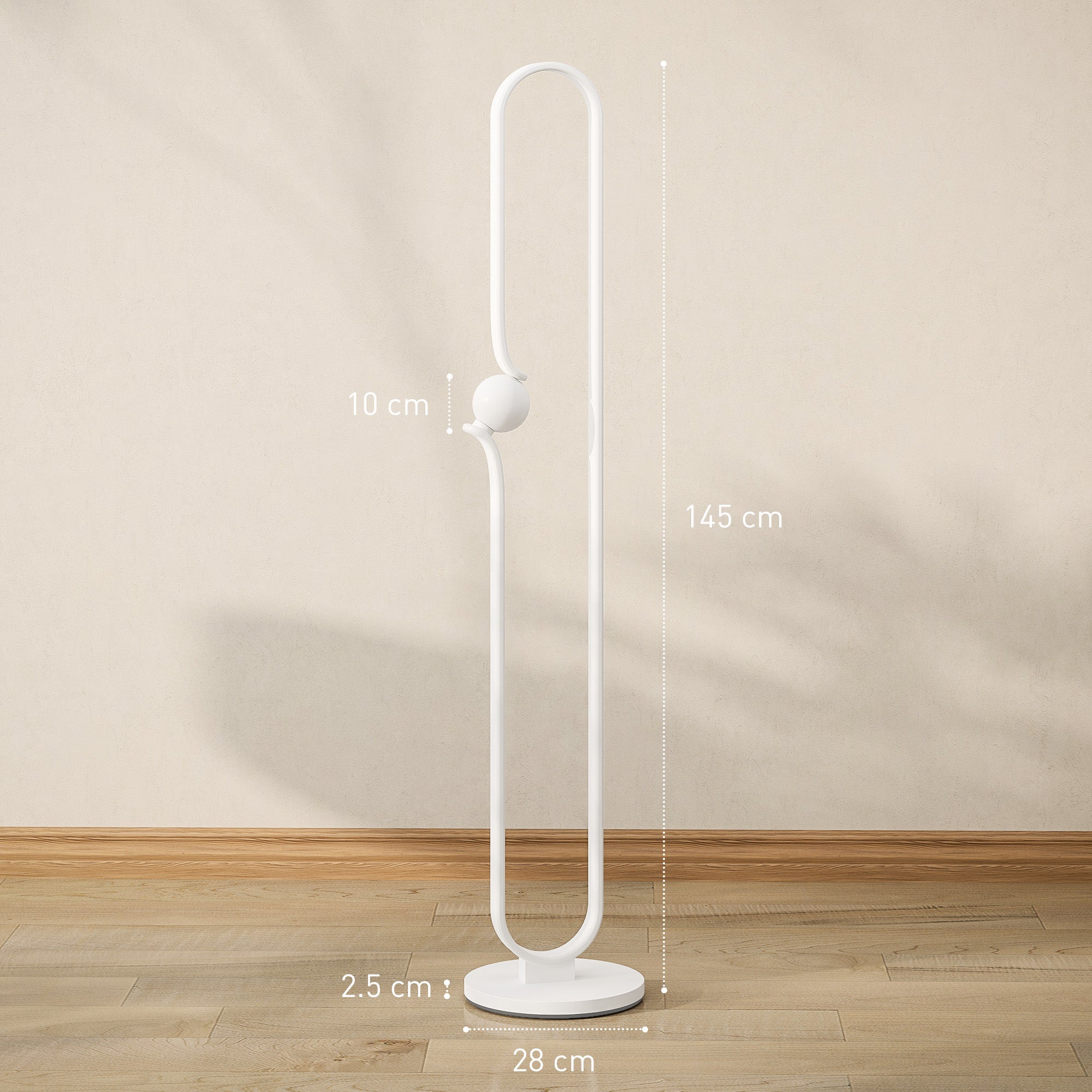 White minimalist homcom led floor lamp with curved metal frame, spherical night light, dimmable led strip, and foot switch