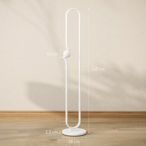 White minimalist homcom led floor lamp with curved metal frame, spherical night light, dimmable led strip, and foot switch