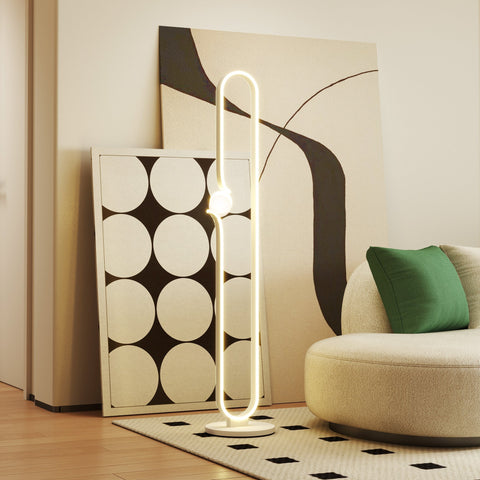 Modern minimalist HOMCOM led floor lamp with sleek curved led strip, white base, foot switch, and built-in night light